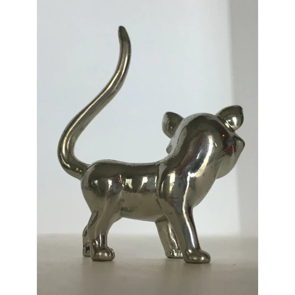 Vintage Cat Ring Holder Jewelry Display Silver Color Rhinestone Eyes Figurine - Picture 6 of 8